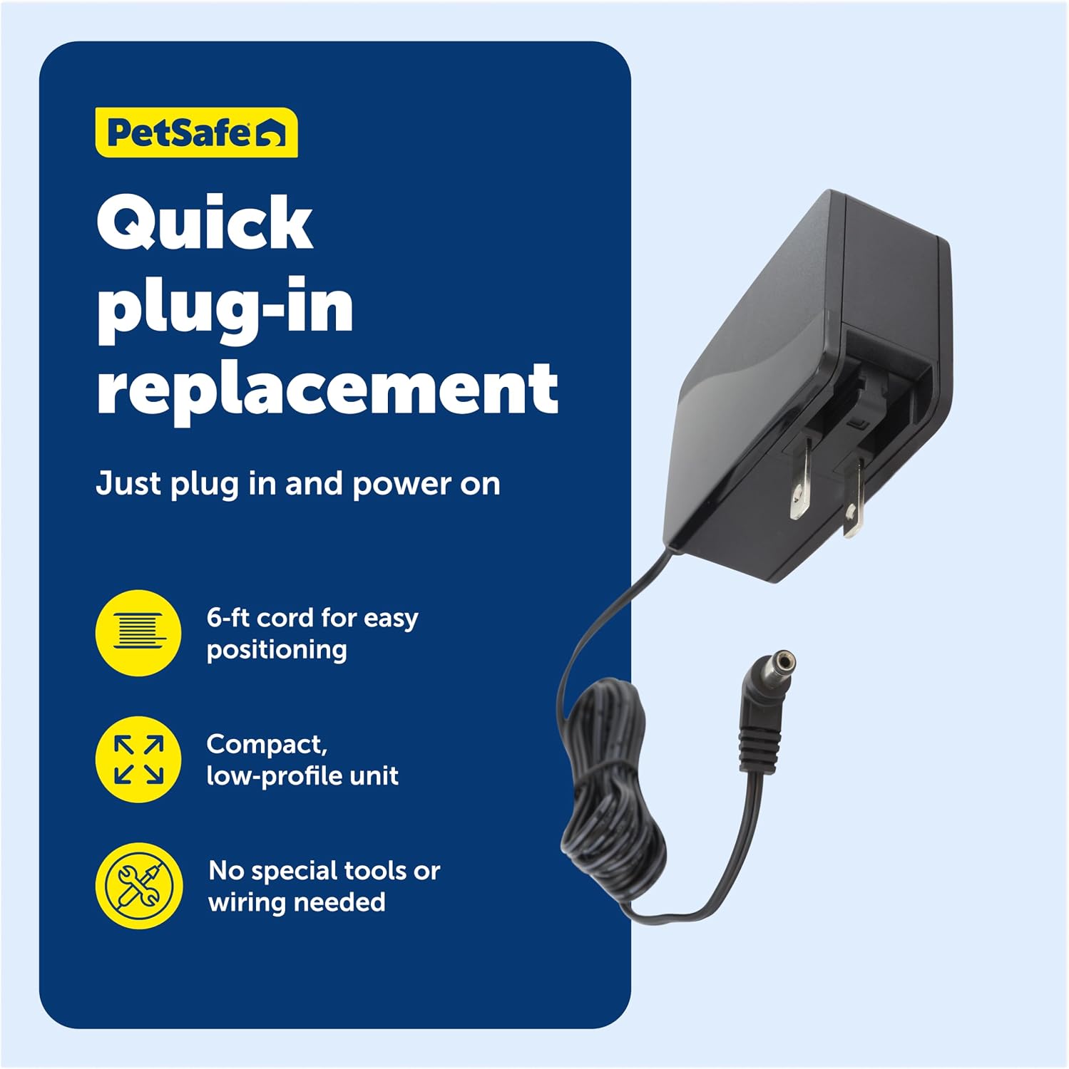 Detailed view of the power adaptor cord length and wall plug design