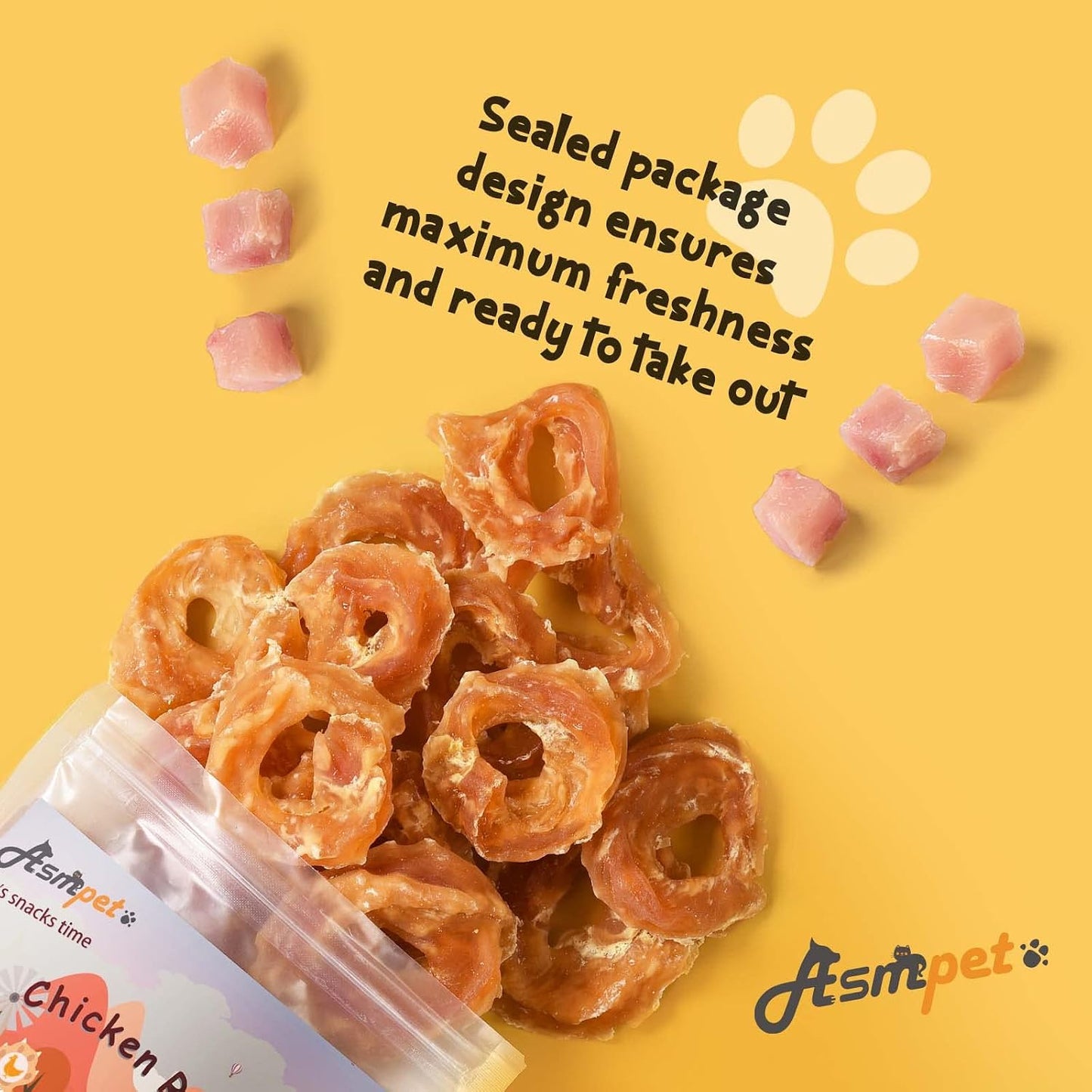 Texture detail of soft chewy chicken jerky rings for dogs