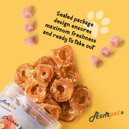 Texture detail of soft chewy chicken jerky rings for dogs