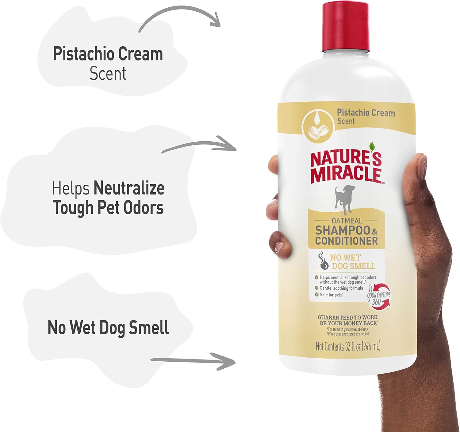 Side view of the 32 Fluid Ounce bottle of Nature's Miracle dog conditioning shampoo.