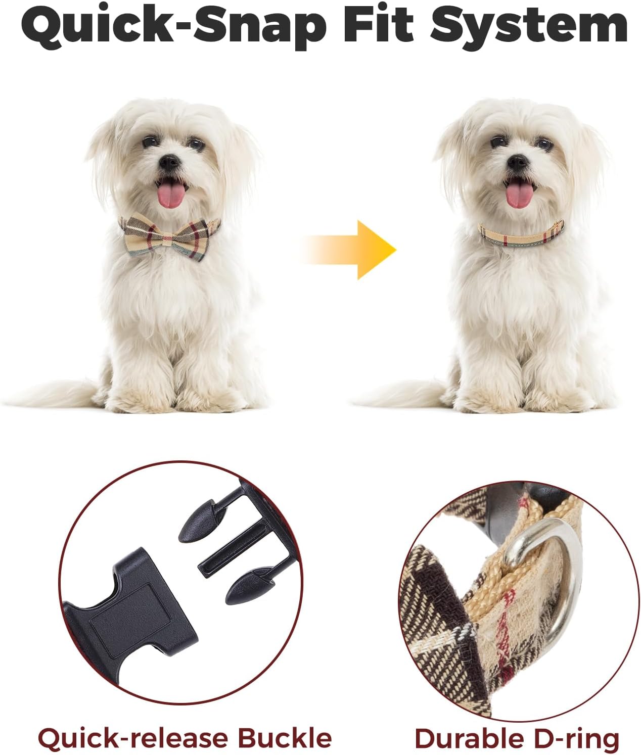Small dog wearing beige plaid harness vest