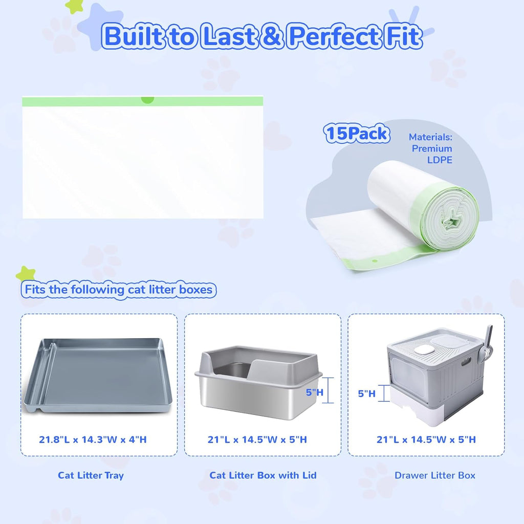 Heavy-duty tear resistant disposable kitty poop bags in a tray
