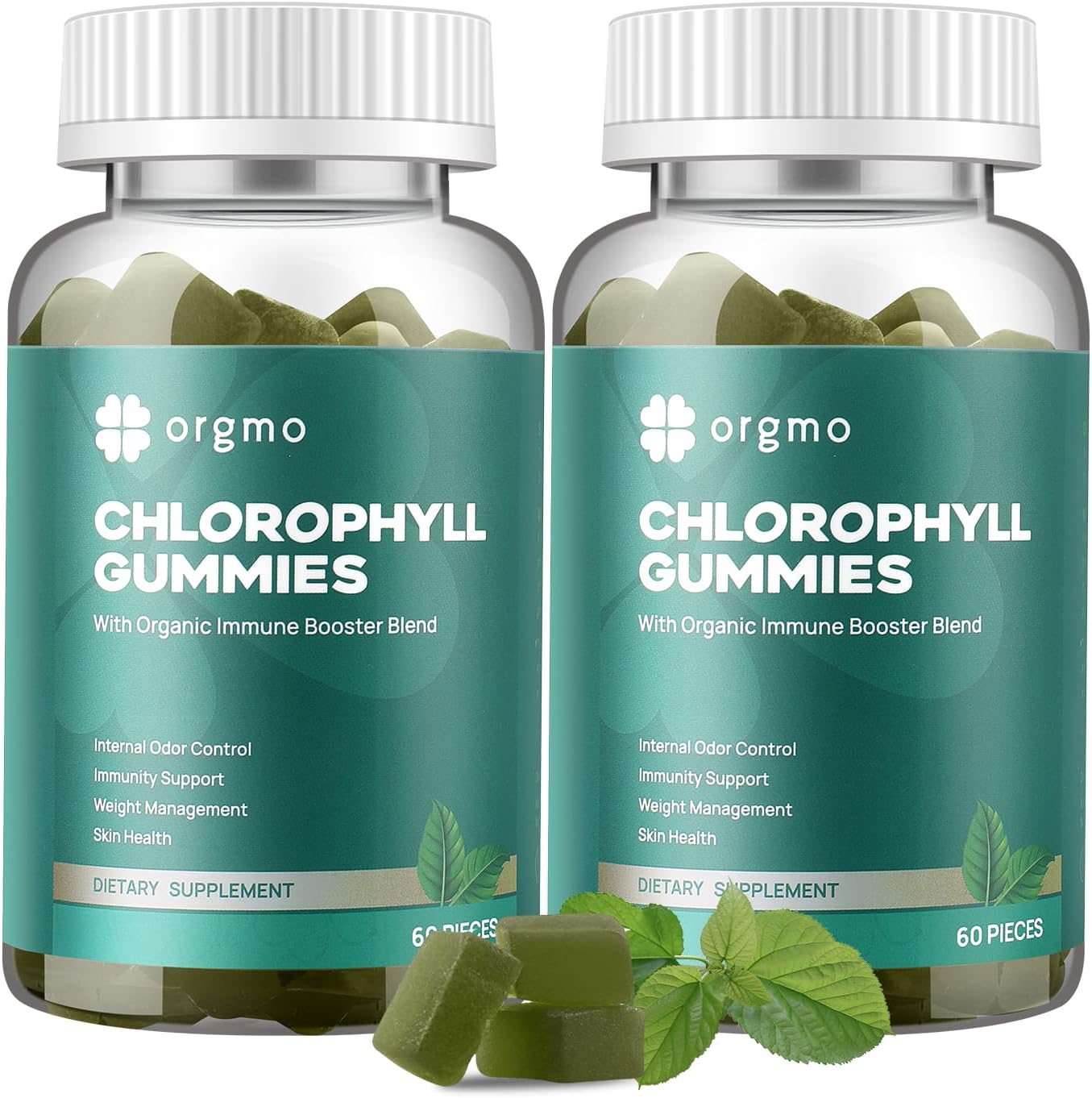 EnvyCure ORGMO Chlorophyll Gummies 2 pack front view showing internal deodorant benefits.