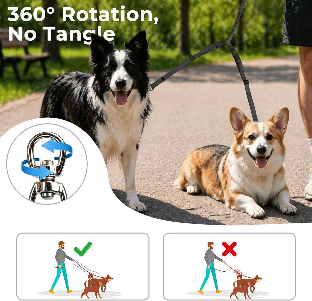 Sucegi shock absorbing bungee dog leash showing elasticity extension from 51 to 70 inches.