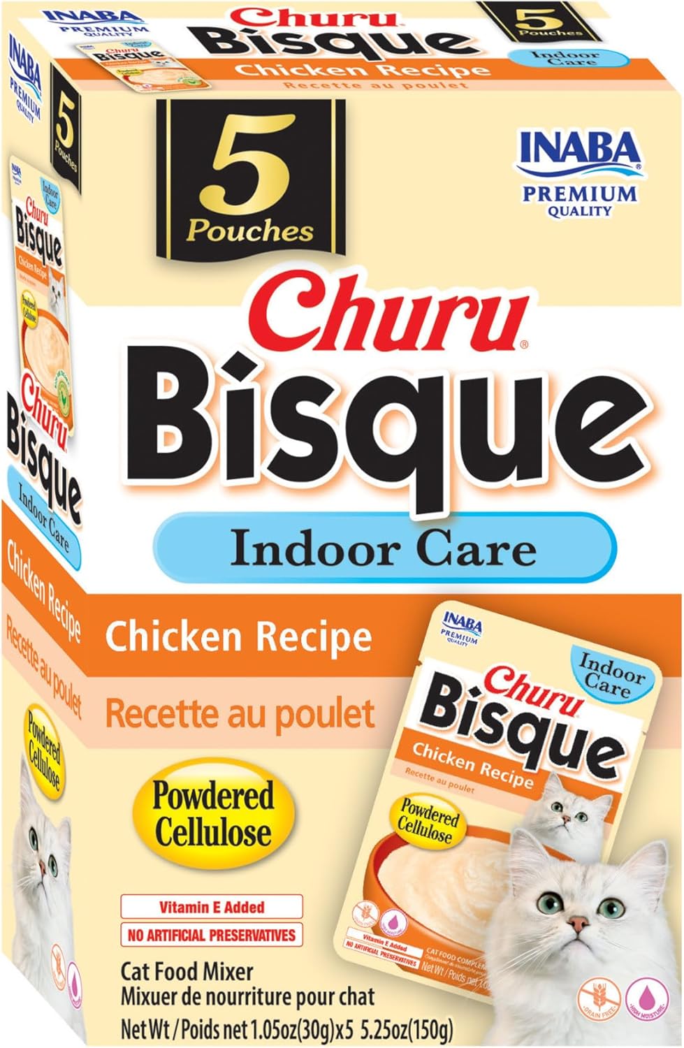 Happy cat eating Inaba Churu Bisque Indoor Care