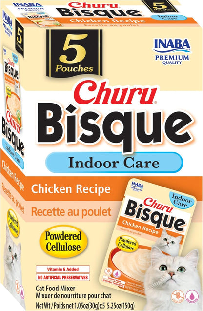 Happy cat eating Inaba Churu Bisque Indoor Care