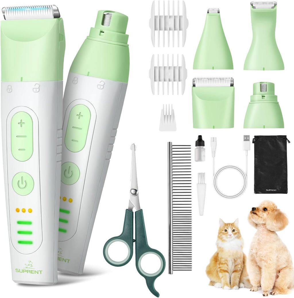 SUPRENT 4 In 1 Dog Grooming Kit front view showcasing the mint green electric pet clipper.