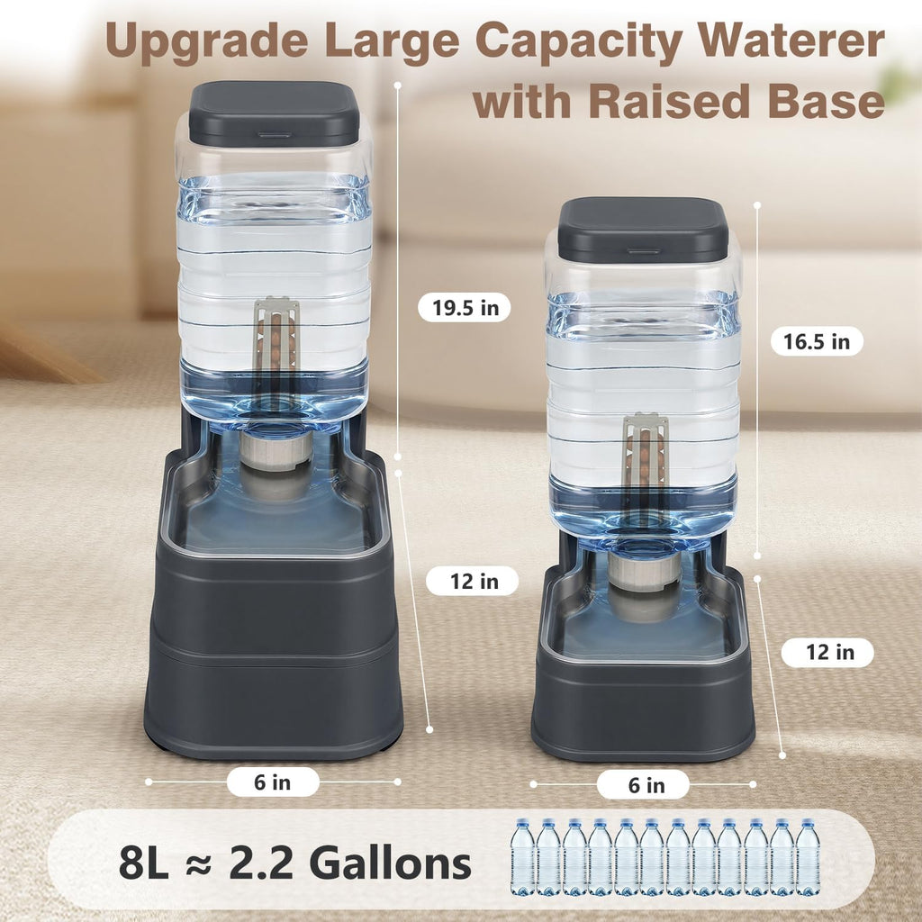 Elevated gravity pet waterer with adjustable raised base for cats and dogs
