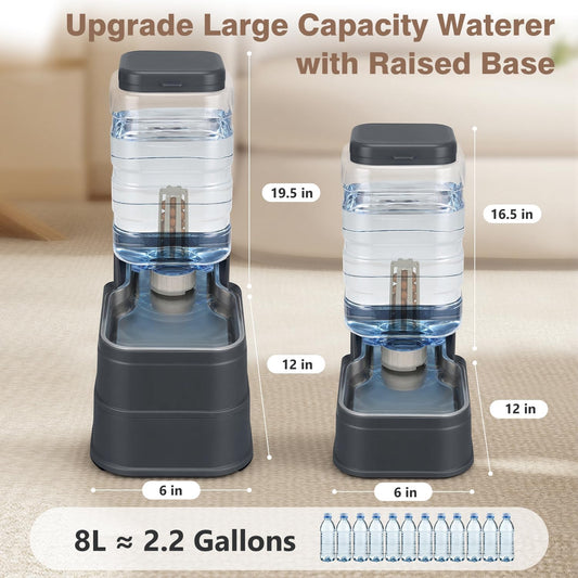 Elevated gravity pet waterer with adjustable raised base for cats and dogs