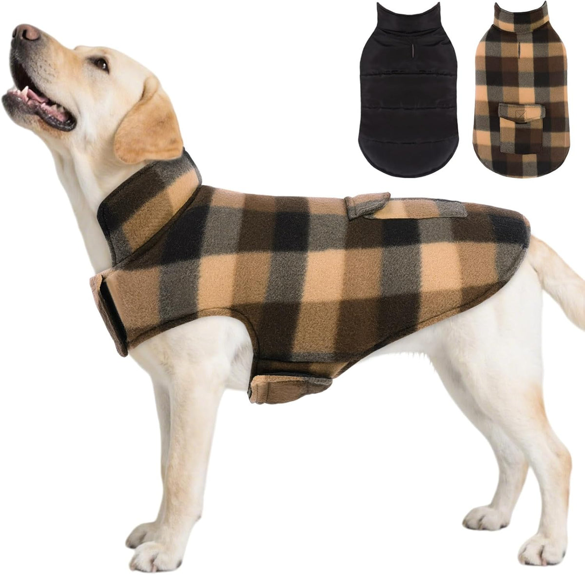 ASENKU Dog Winter Jacket front view showing the coffee plaid reversible side on a large dog.