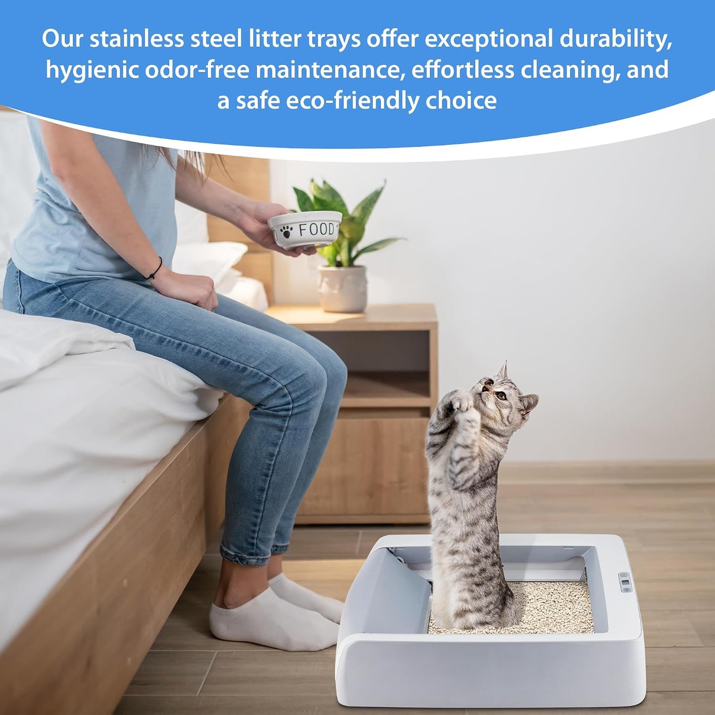 Cleaned stainless steel litter tray ready for use