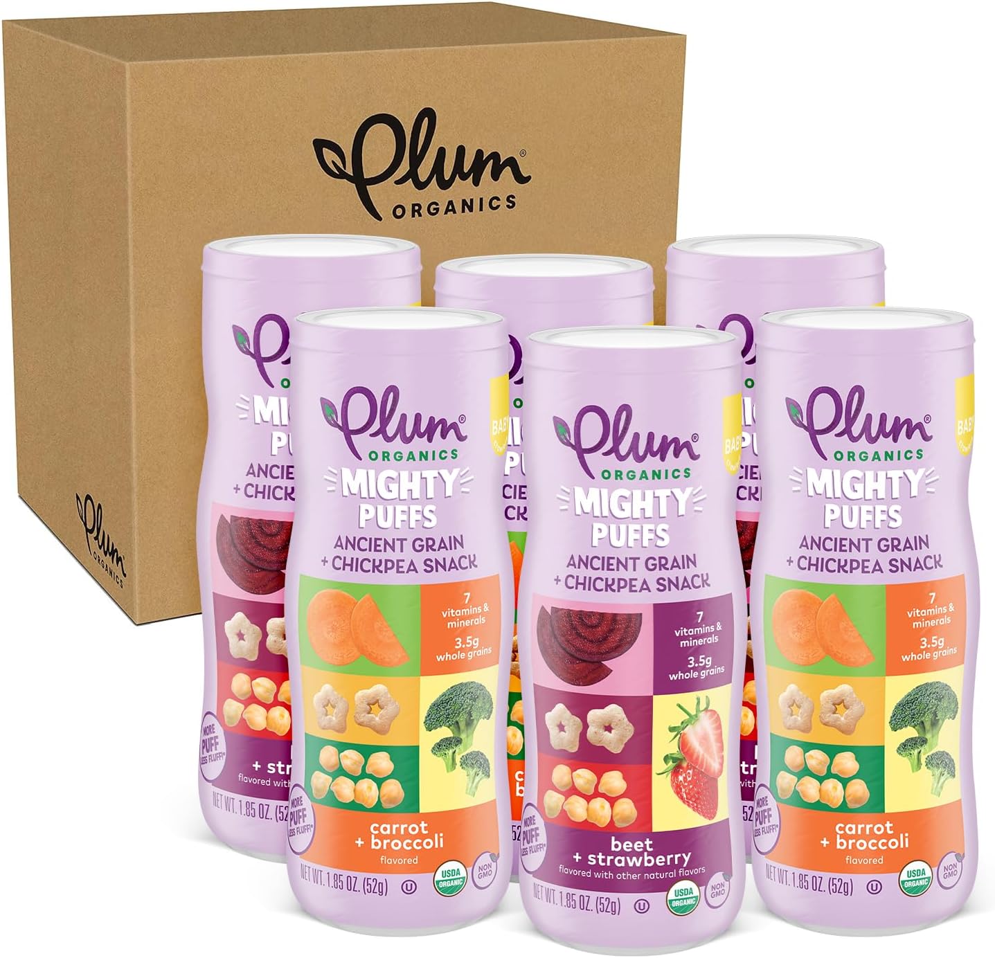Plum Organics Mighty Puffs variety pack front view showing organic baby food canisters.
