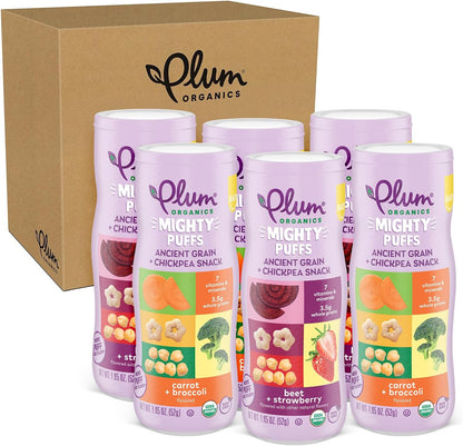 Plum Organics Mighty Puffs variety pack front view showing organic baby food canisters.
