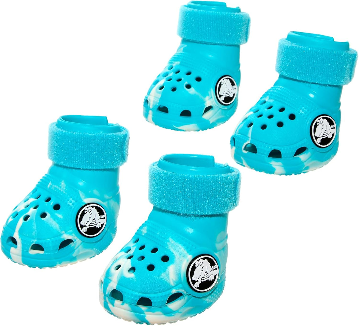 Barkbox yellow crocs dog shoes set arranged for display