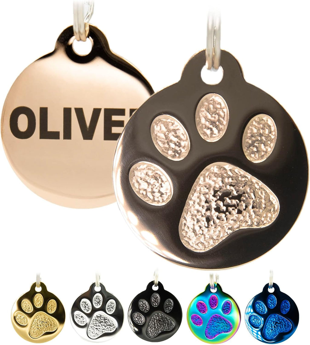 Engraved Pet Tag for Dogs and Cats - Personalized Front & Back up to 4 Lines of Text Custom Engraved ID, Round Paw Print Solid Plating Stainless Steel Gold Small - Image 10