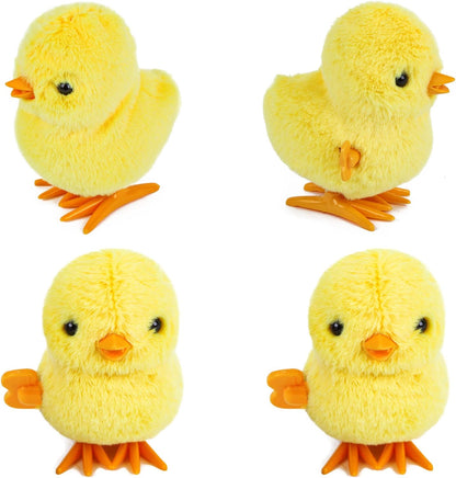 3 Otters wind up jumping chick toys four pack front view showing realistic yellow plush fur and orange feet