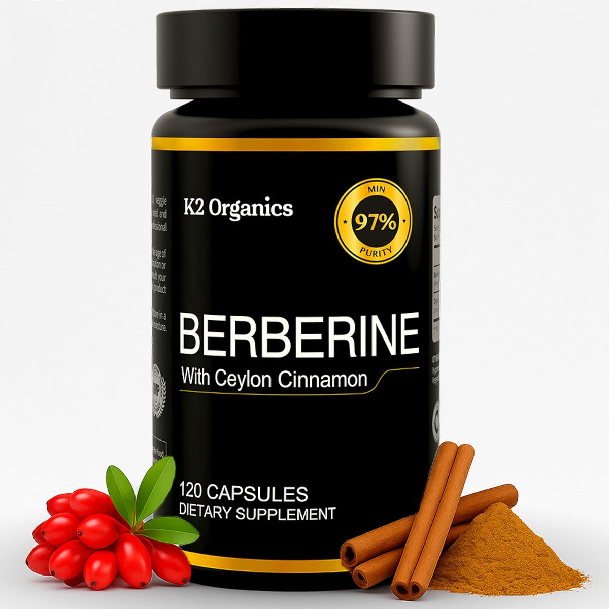 K2 Organics Berberine HCl with Ceylon Cinnamon front bottle view