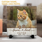 Sol Vibes personalized cat photo keepsake stone displayed gracefully on an elegant gold metal stand