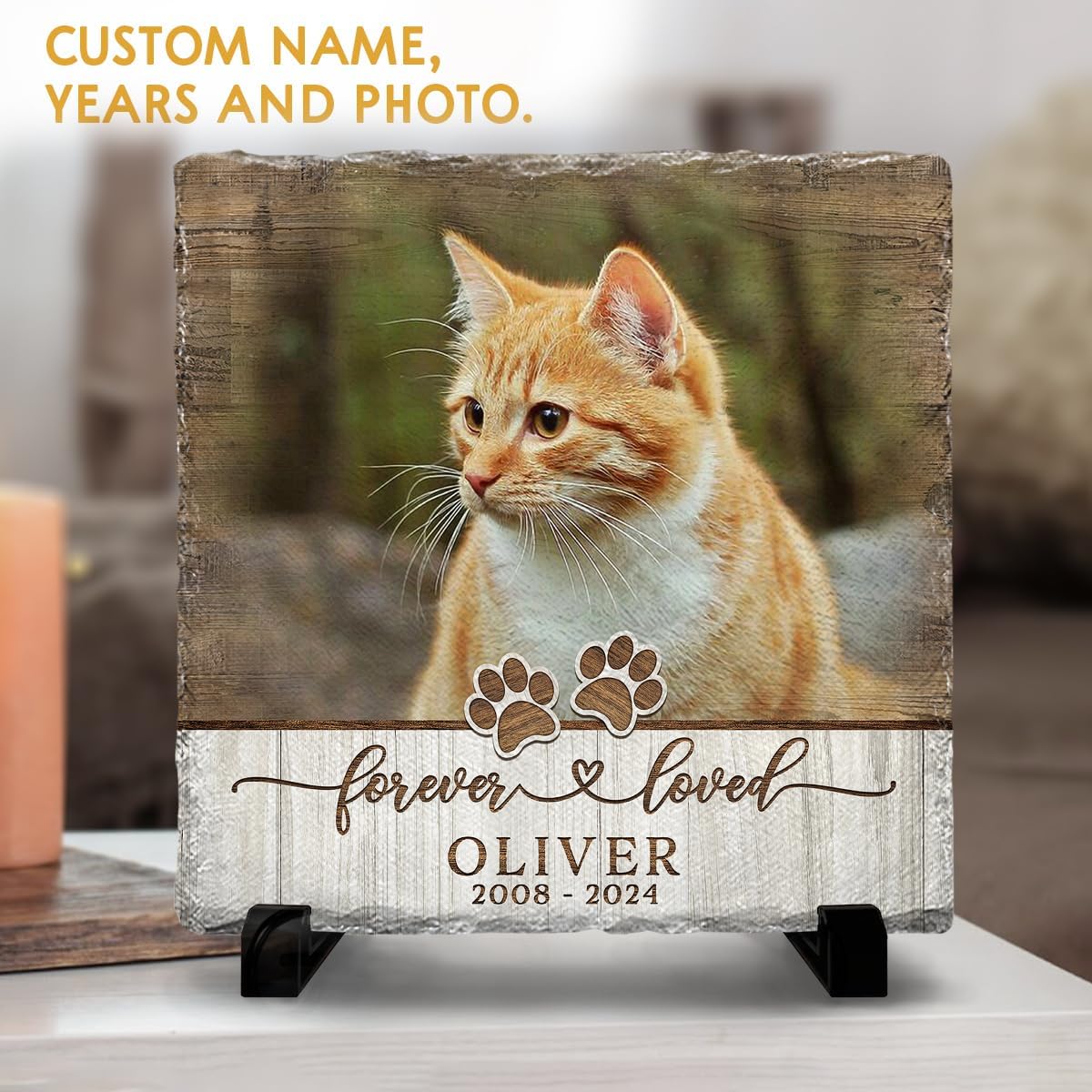 Sol Vibes personalized cat photo keepsake stone displayed gracefully on an elegant gold metal stand