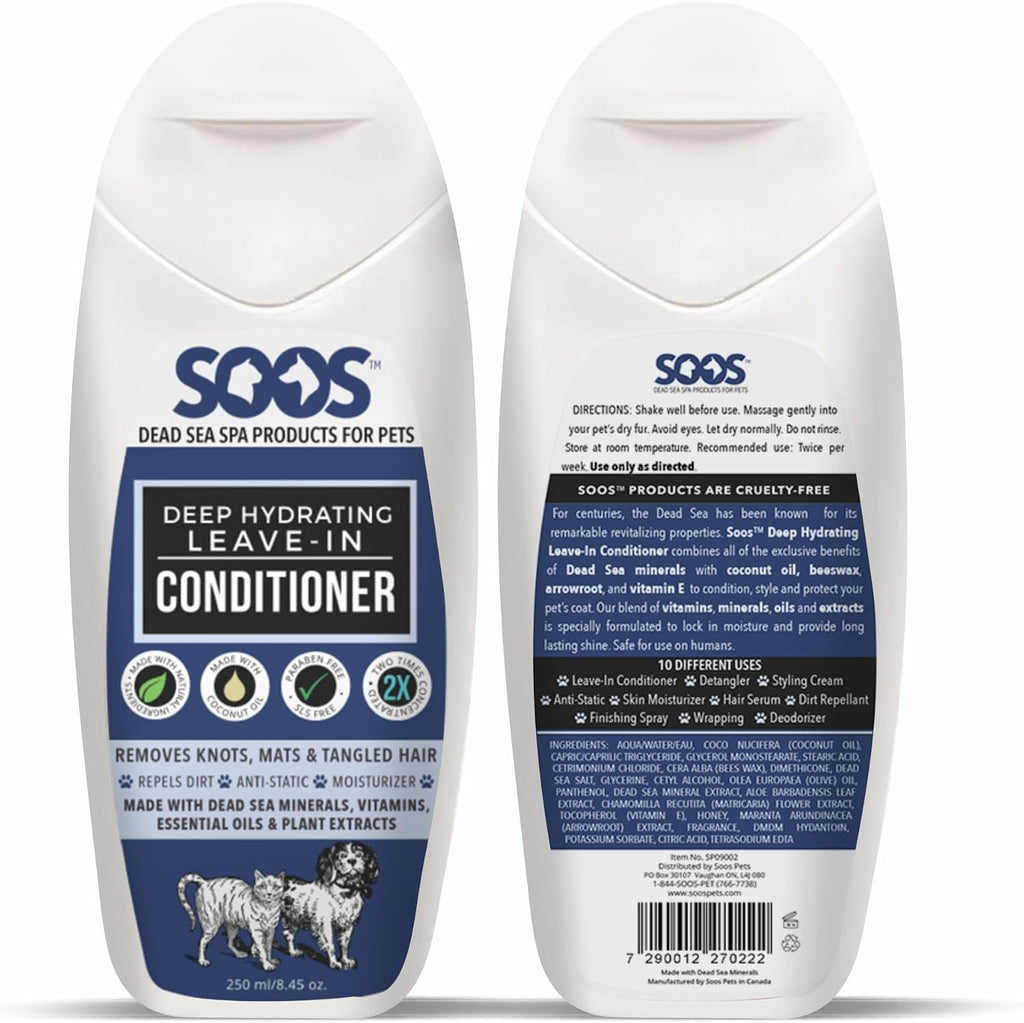 Soos Pets hydrating pet conditioner label and ingredient details