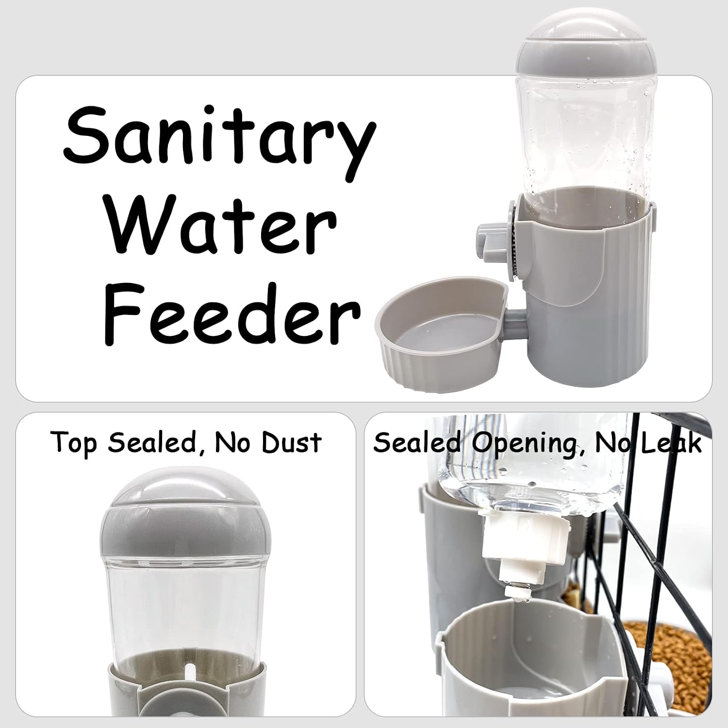 Tfwadmx Rabbit Watter Bottle 17oz Hanging Guinea Pig Automatic Water Dispenser No Drip Small Animal Cage Water Feeder Bowl for Bunny Chinchilla Hedgehog Ferret 2PCS (Grey) - Image 3