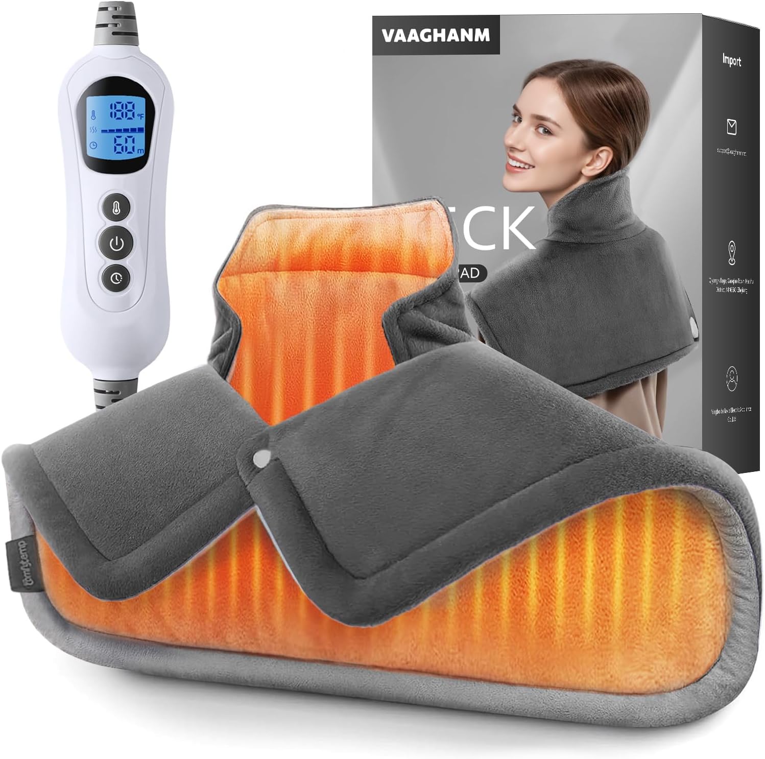 VAAGHANM weighted electric heating pad front view showing dark grey flannel material and high collar design