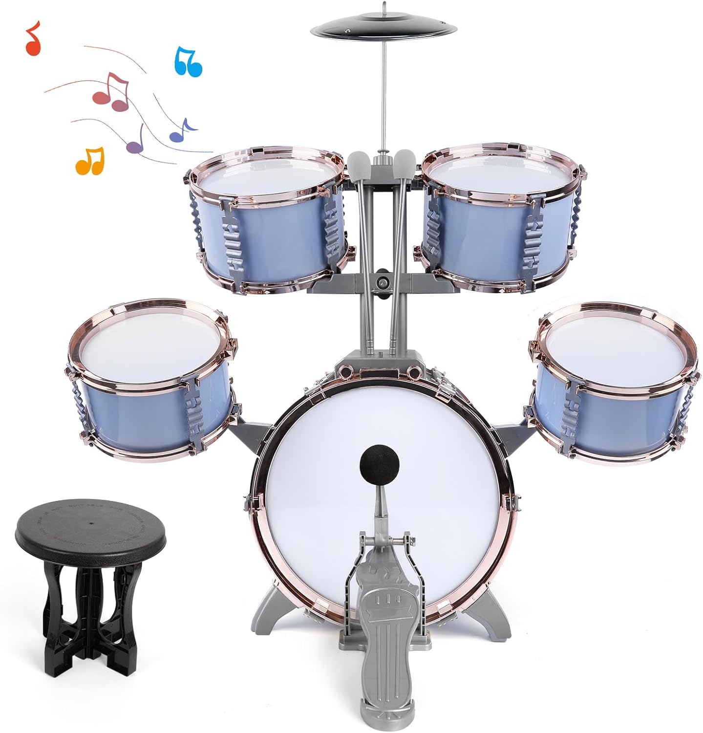 M SANMERSEN Kids Jazz Drum Set front view with 5 light blue drums, cymbal, and stool
