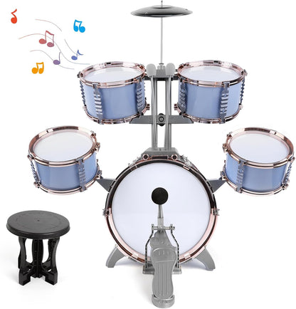 M SANMERSEN Kids Jazz Drum Set front view with 5 light blue drums, cymbal, and stool