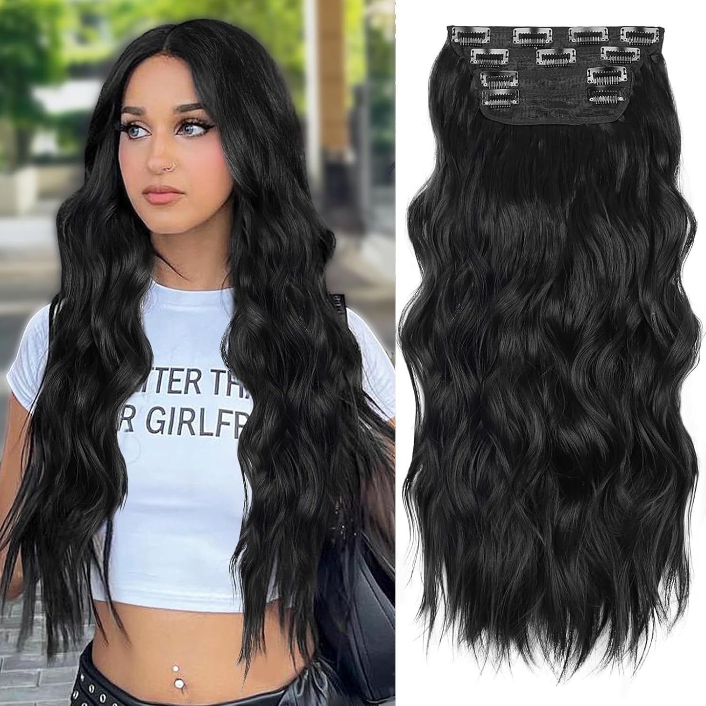 ALXNAN clip in synthetic hair extension front view showing 24 inch long black waves.
