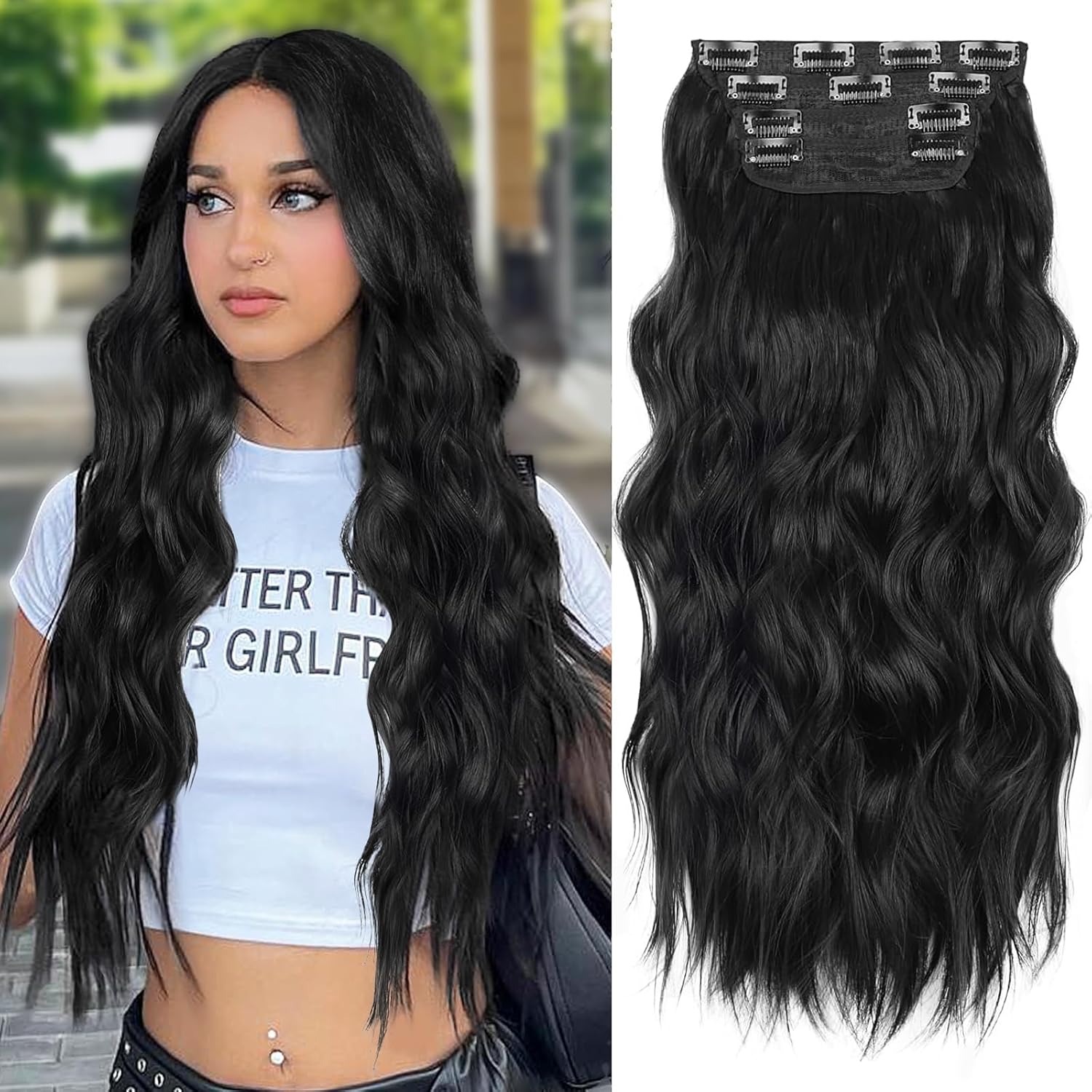 ALXNAN clip in synthetic hair extension front view showing 24 inch long black waves.