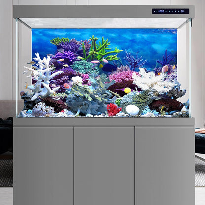 Eco friendly fabric fish tank backdrop attached to glass aquarium exterior.