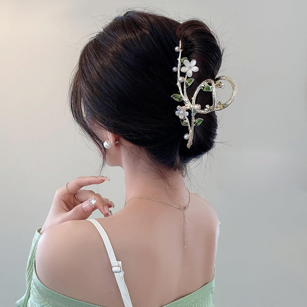 MJARTORIA Oh Soo Pink floral hair claw clip front view showcasing pink flower and gold metal finish.
