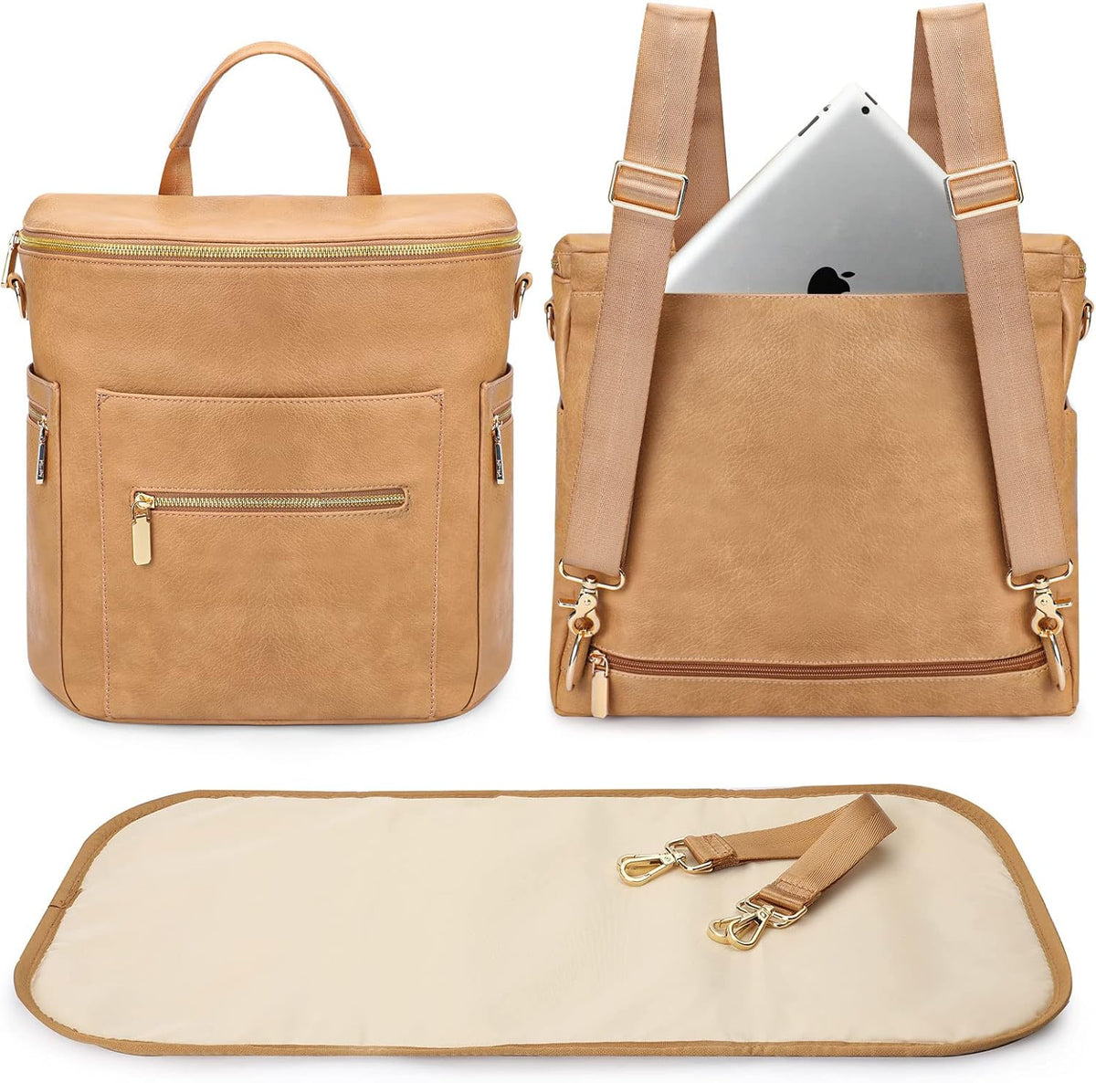 Miss Fong leather diaper bag backpack front view in peanut color