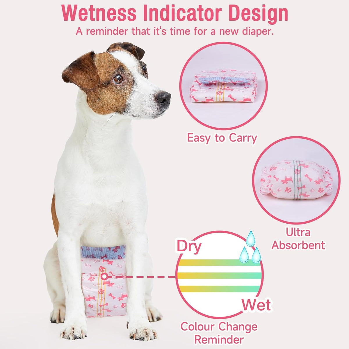 Pet Soft puppy diaper showing yellow to blue wetness indicator line feature