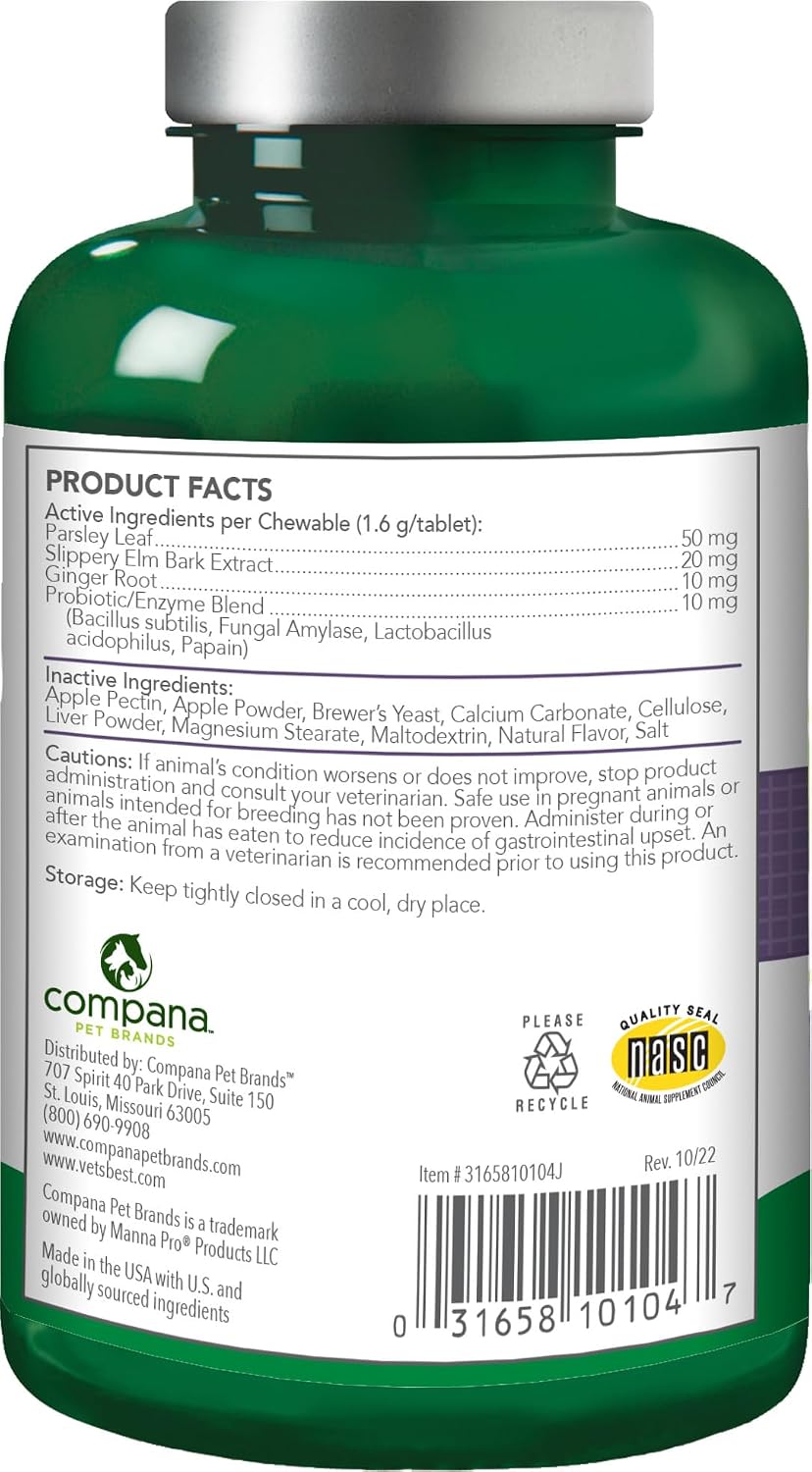 Side view of Vet's Best Gas Busters digestive supplement bottle