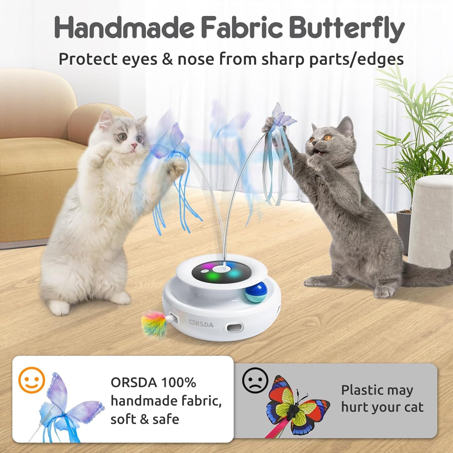 USB rechargeable ORSDA interactive cat toy showing the power button and charging port