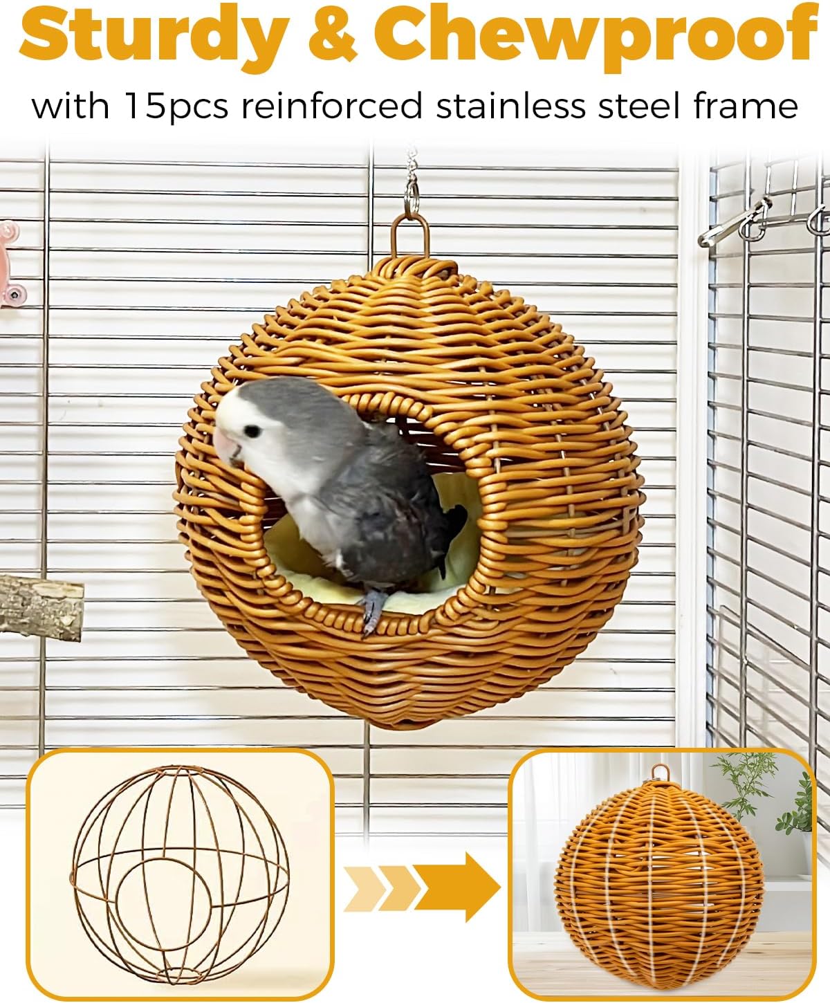 Chewproof Steel Frame Bird Nest for Cage, Washable Small Bed Hammock - Image 2