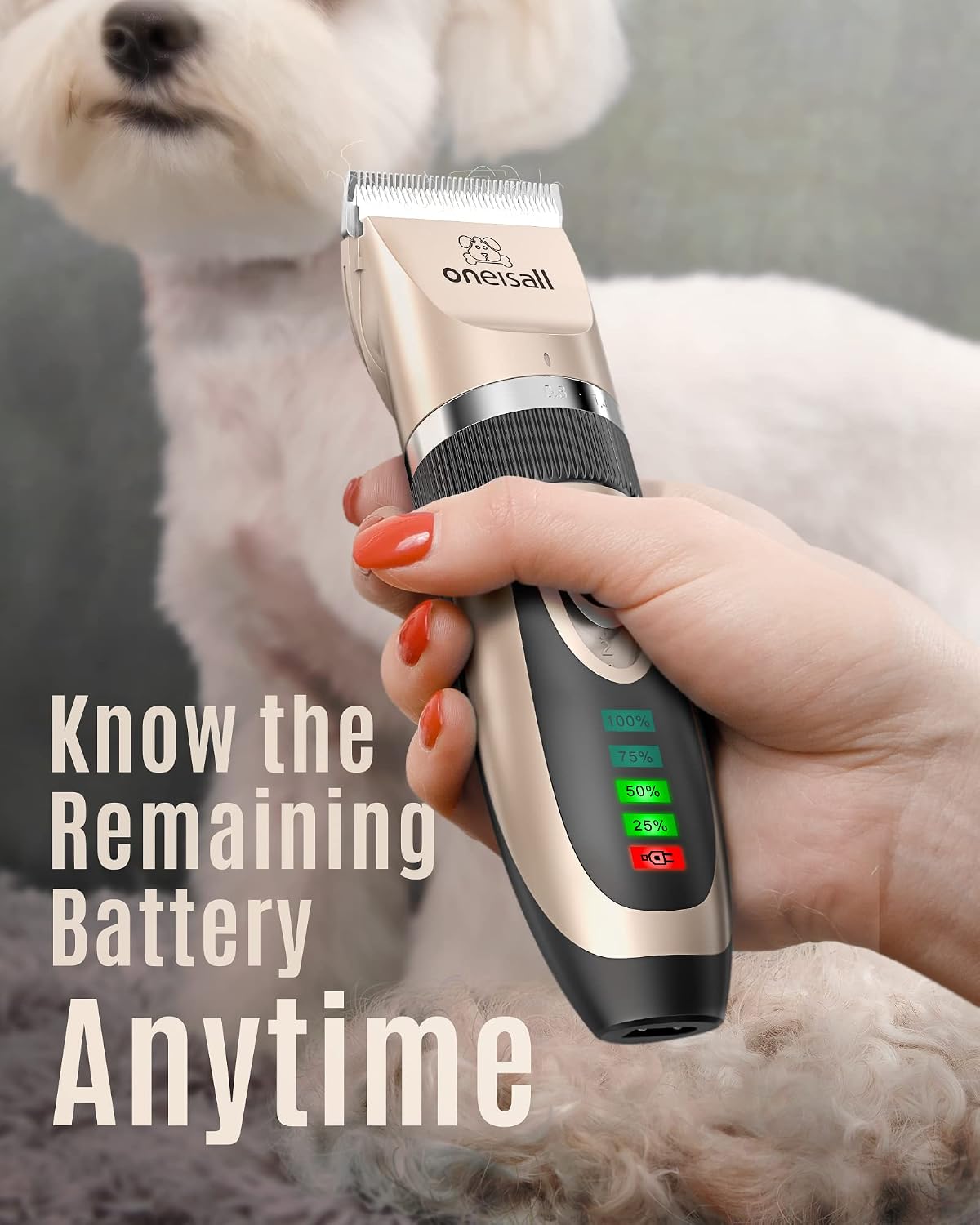 Oneisall rechargeable cat and dog clipper blade close up featuring ceramic and stainless steel blades.