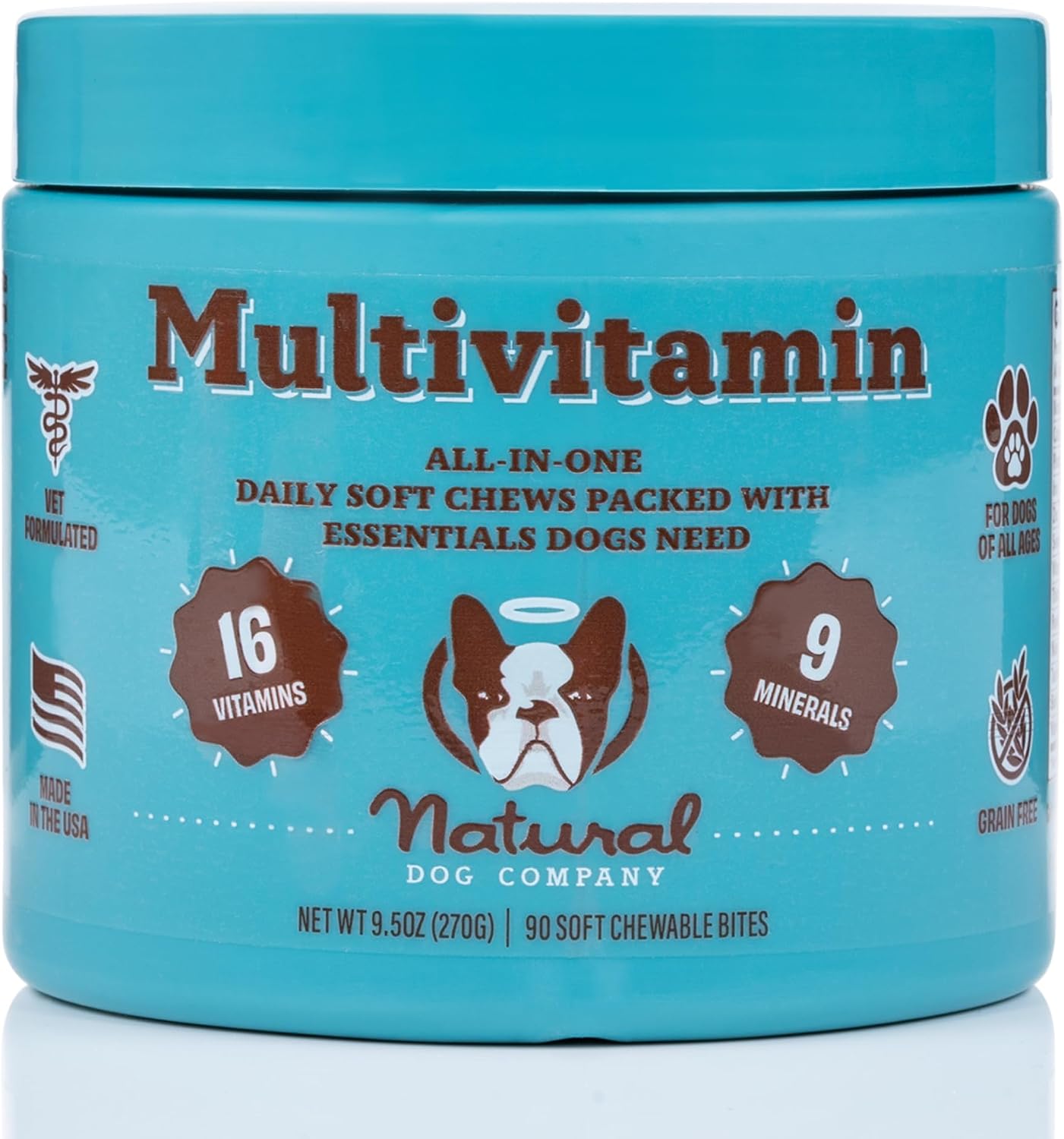 Natural Dog Company 25-in-1 supplement jar beside a happy dog