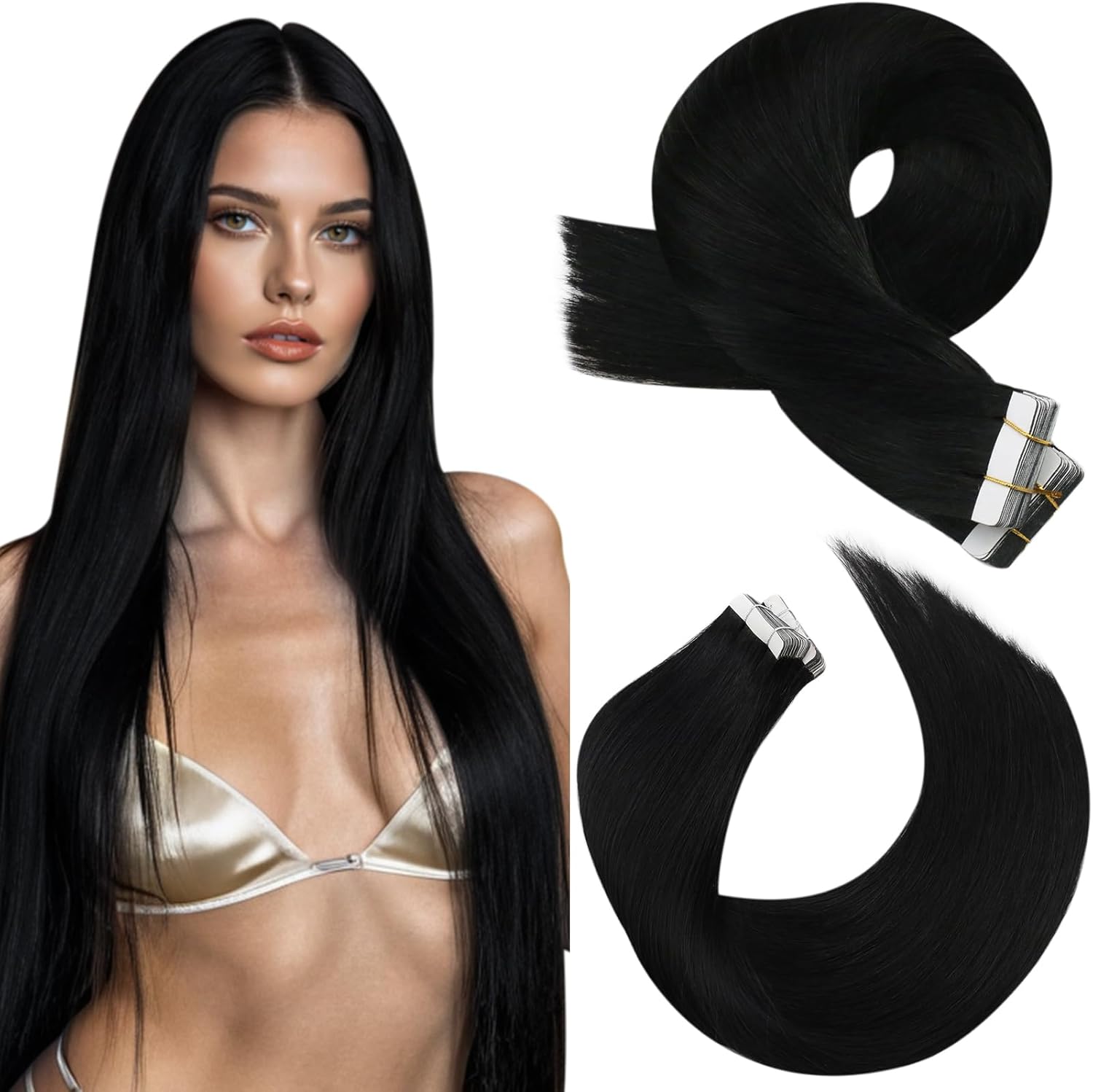 Moresoo Black Tape In Hair Extensions front packaging view premium human hair