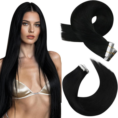Moresoo Black Tape In Hair Extensions front packaging view premium human hair