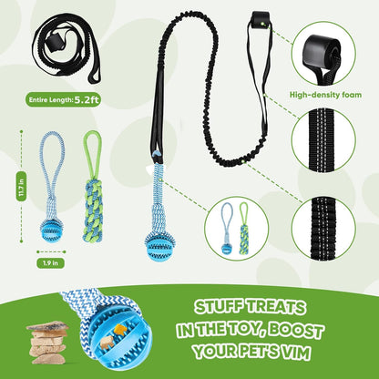 VibeVerve Interactive Dog Tug Of War Toy blue rubber puzzle ball and braided cotton chew rope attachments.