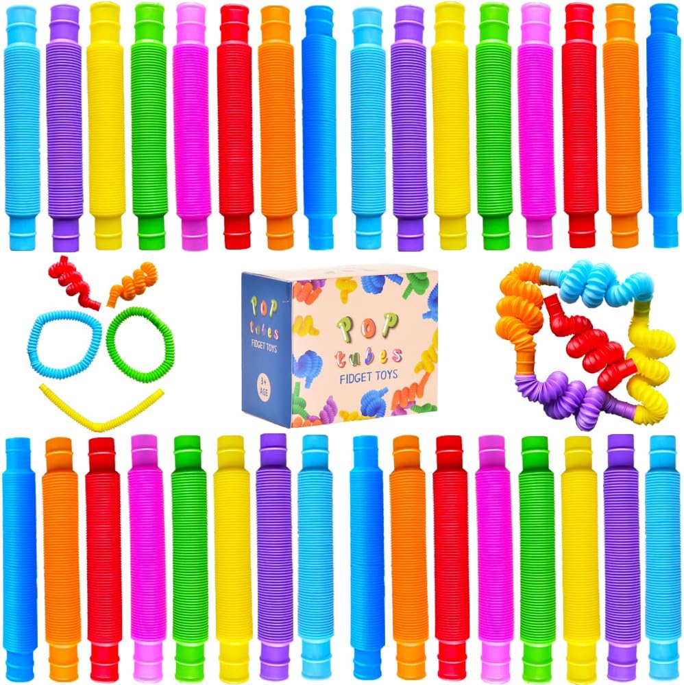Neec 32 pack pop tubes sensory fidget toy set front view showing multiple bright colors.