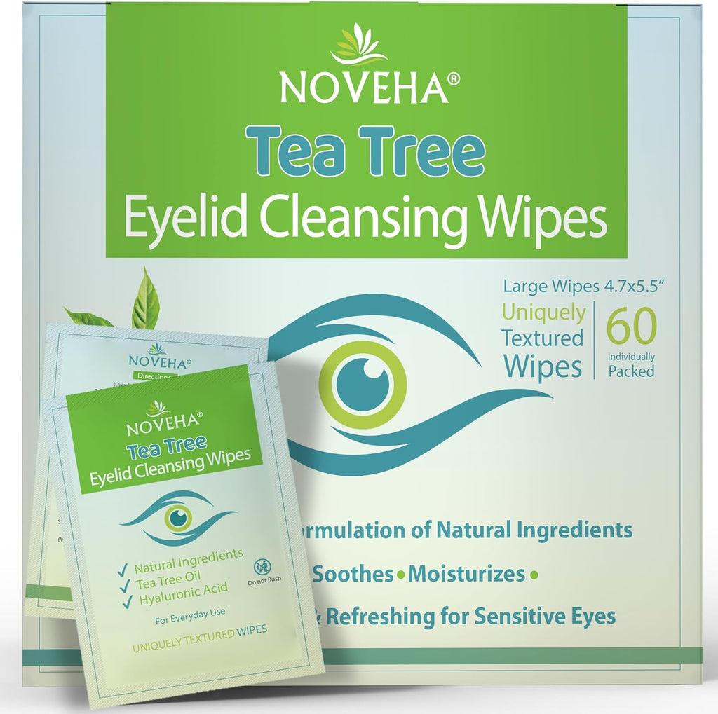 Noveha Tea Tree Oil Eyelid Wipes 60 count box with individually wrapped sterile pads