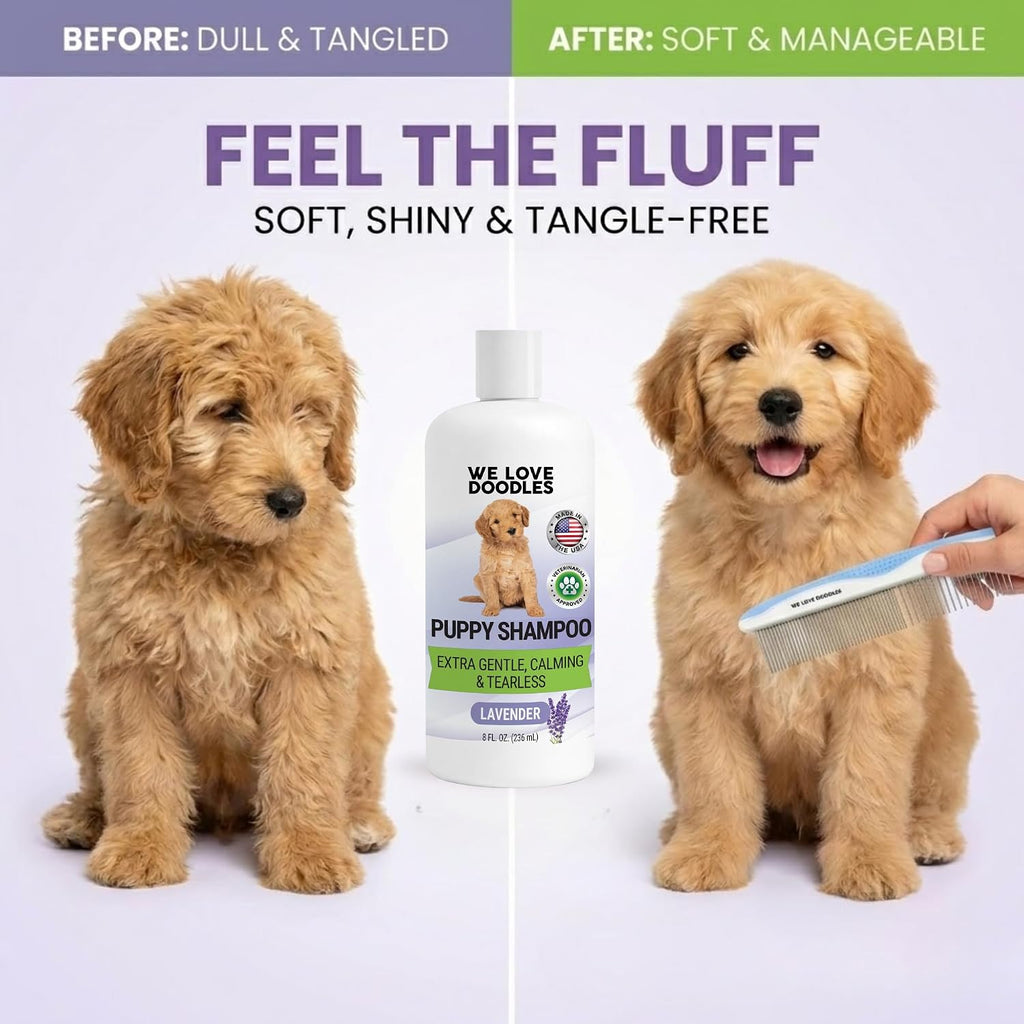 We Love Doodles tearless lavender puppy shampoo packaging back label instructions.