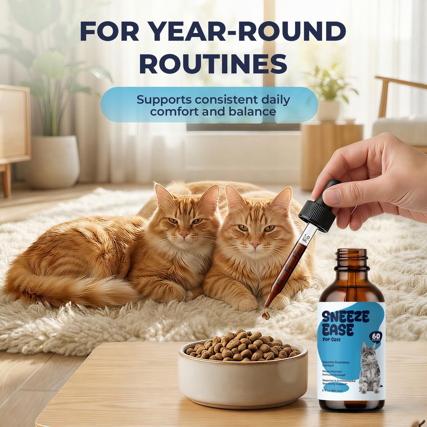 Natural feline respiratory wellness liquid dropping mechanism demonstration