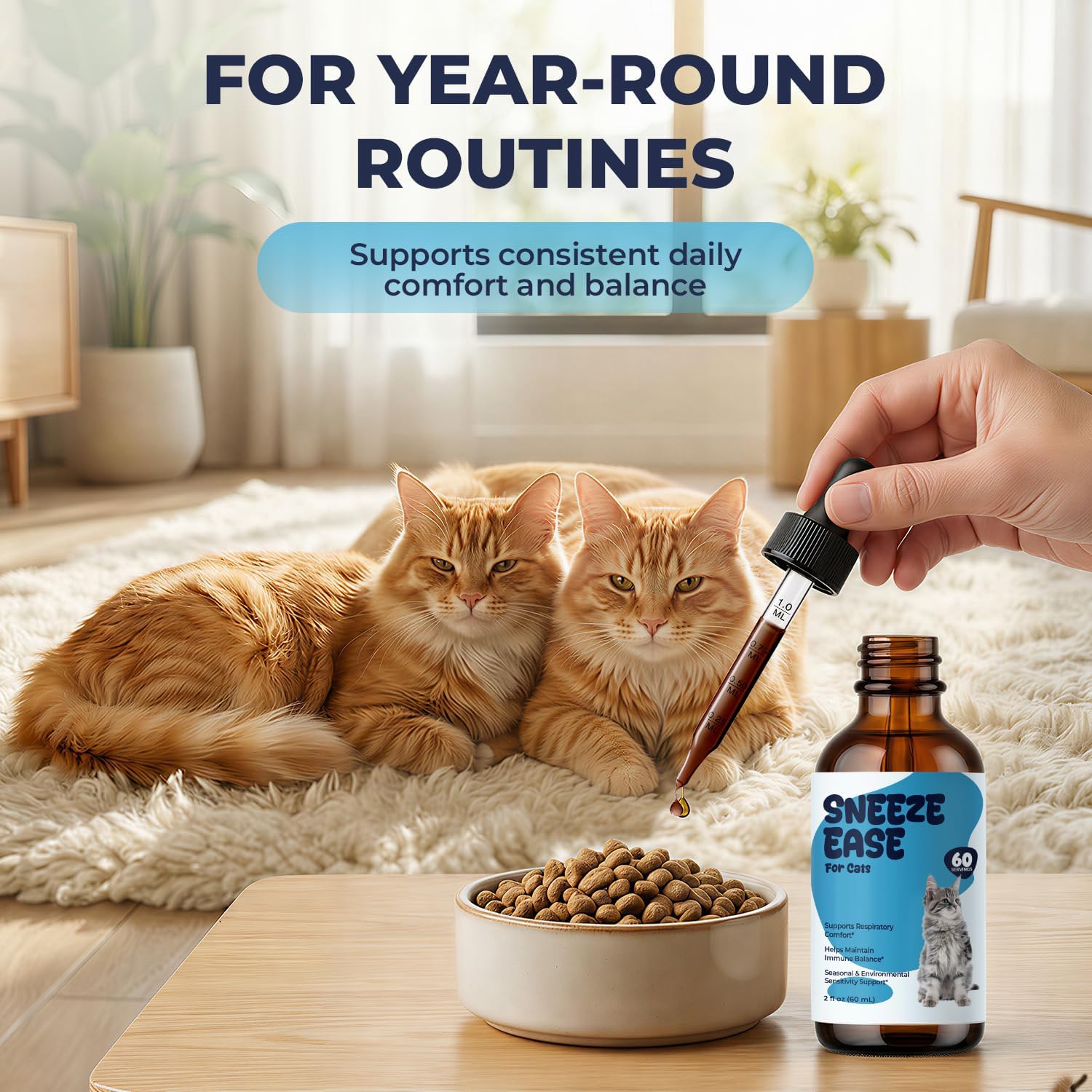 Natural feline respiratory wellness liquid dropping mechanism demonstration
