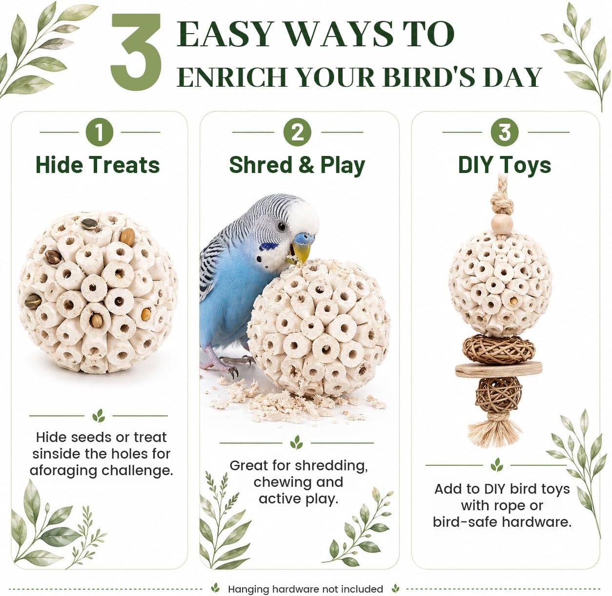 Zephyriel 2.36 inch bird toys sola balls displaying the pack of four natural organic chew accessories