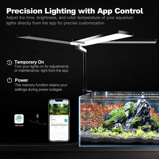 FZONE Solo Series smart app controlled aquarium light displaying the flexible rotating arm over an open rimless tank