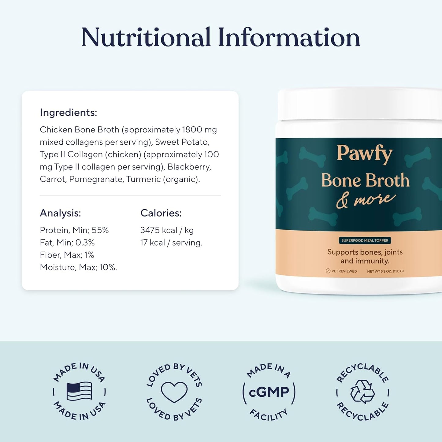 Pawfy chicken bone broth powder being sprinkled over dry dog food
